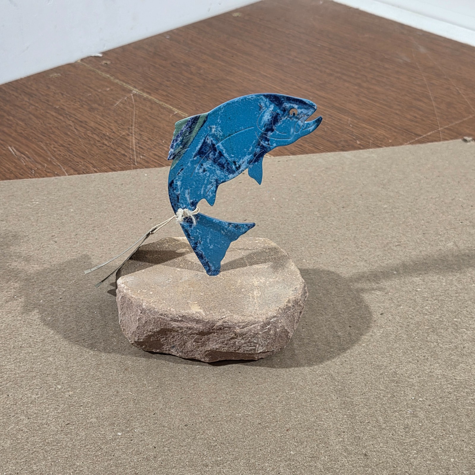 Fish Figure On Sandstone Base Southwestern Home Cabin Decor Metal & Stone