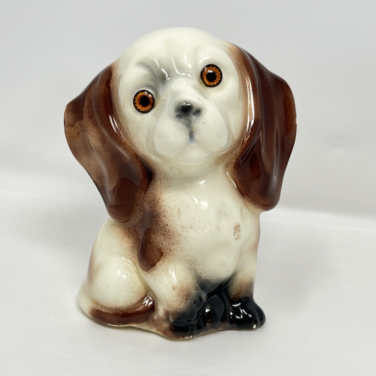 VTG Dachshund Dog Puppy Figurine Brown & White W/ Orange Eyes 5” Grannycore