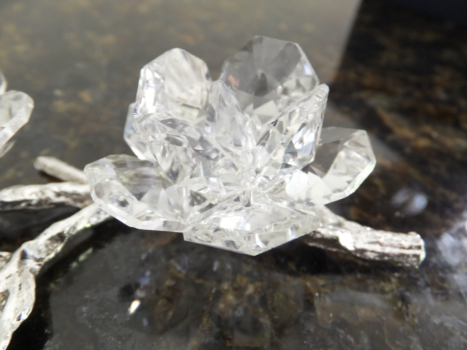 Swarovski Crystal Double Rose 4″ with silver metal stem & leaves. Made in Italy