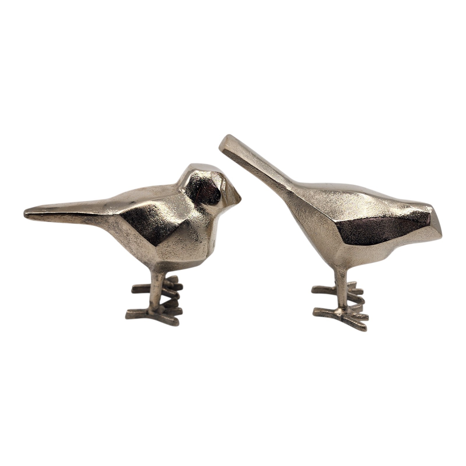Cast Metal Pair of Decorative Geometric Silver Birds Minimalist Nature Object
