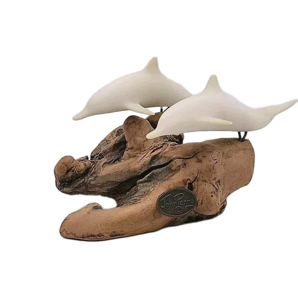 John Perry 2 White Dolphin Figurines On Burl Driftwood Sculpture Signed