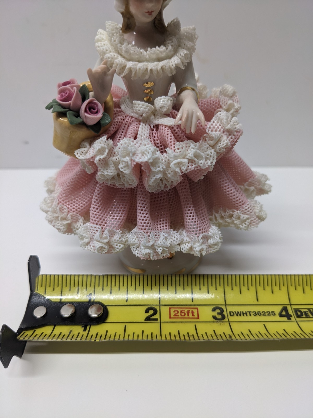 VTG Dresden Style Porcelain Lace Lady Figurine Pink Dress w/ Flower Basket