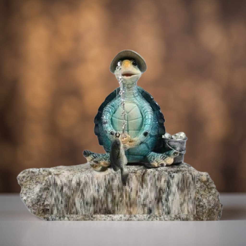 6.5″W Blue Sea Turtle Fishing with Hat Figurine Ornament Home Decor Unique Gift