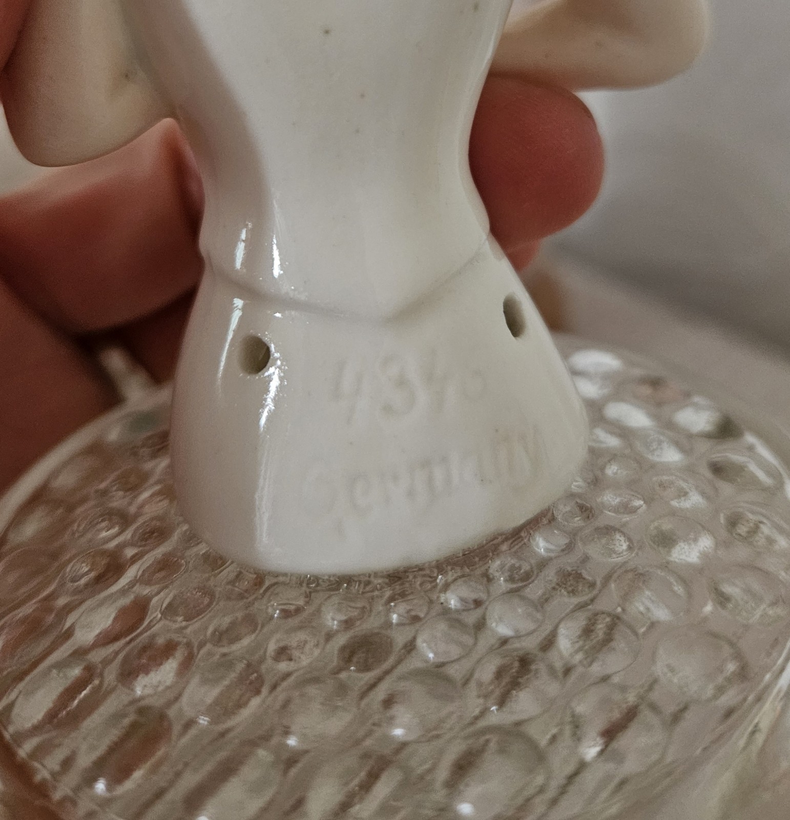 Antique German Porcelain Half Doll on Lidded Glas Jar, ca. 6.5 in
