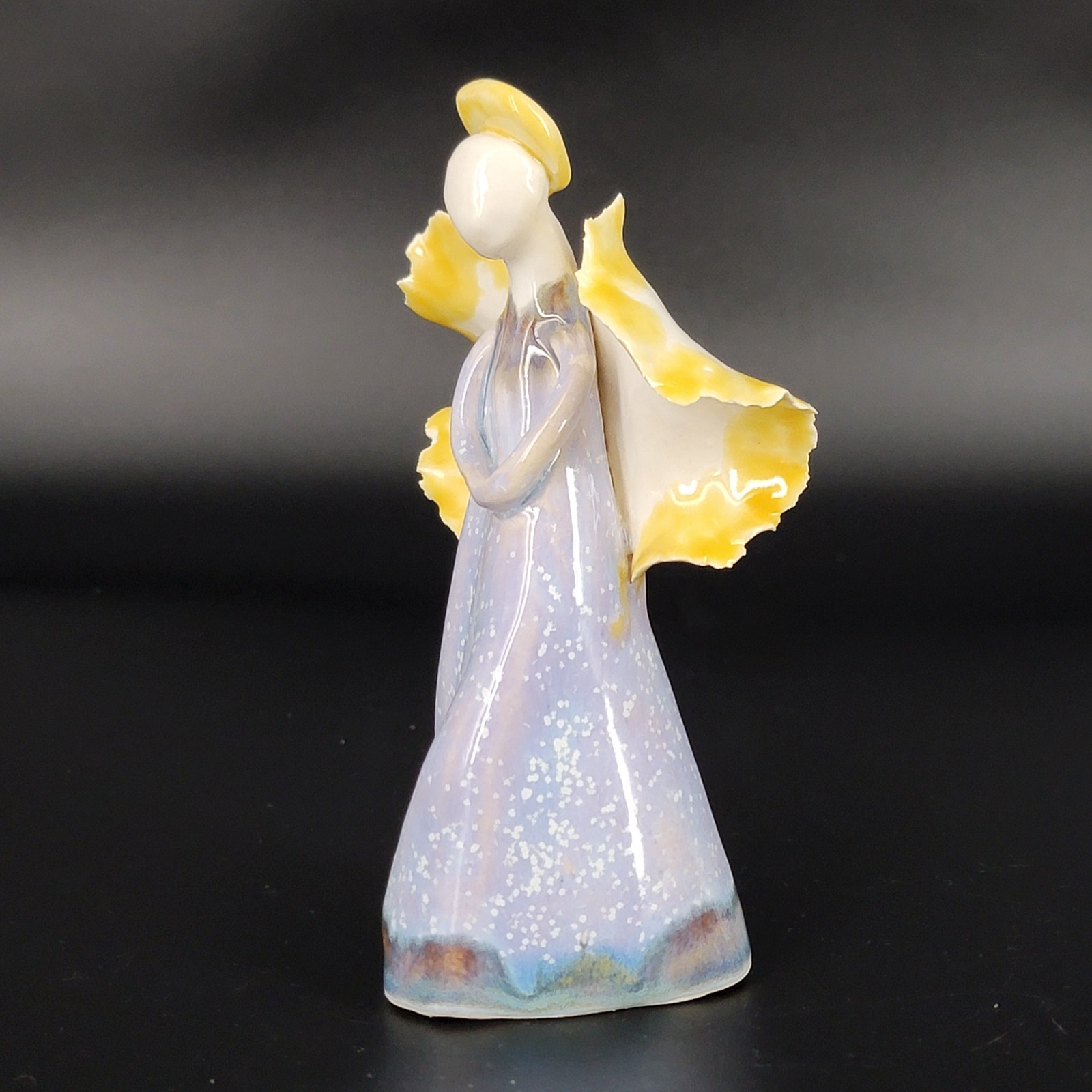 Hand Crafted Pottery Angel Figurine Free Standing 5.5″ Tall Blue Yellow