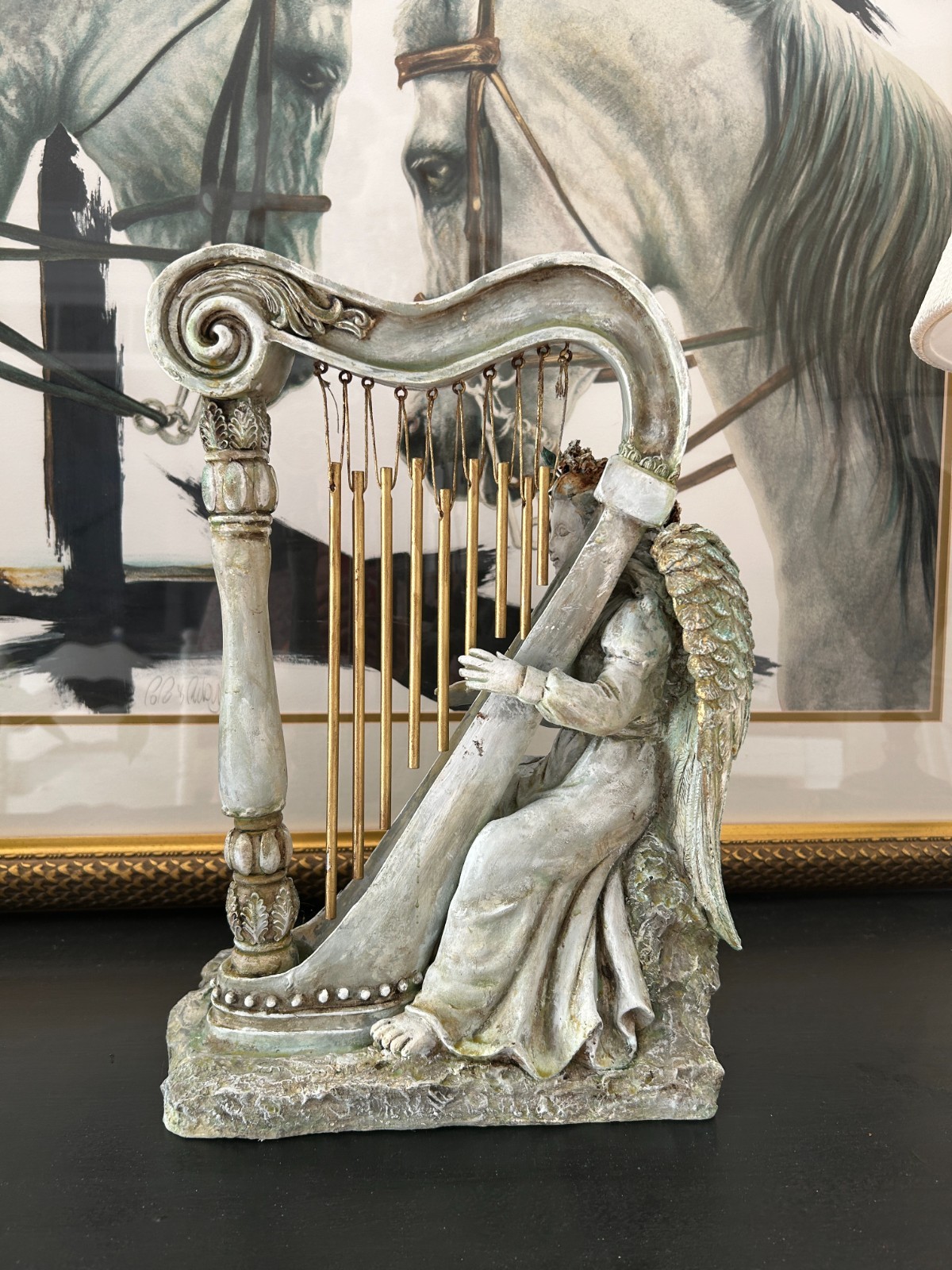 14″ Tall Angel Harf statue/ indoor decor/Outdoor garden wind chime.
