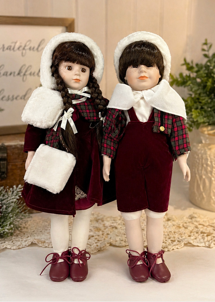 Vintage Porcelain Doll Set Boy Girl Winter Christmas Outfit 12” Pair Goodship