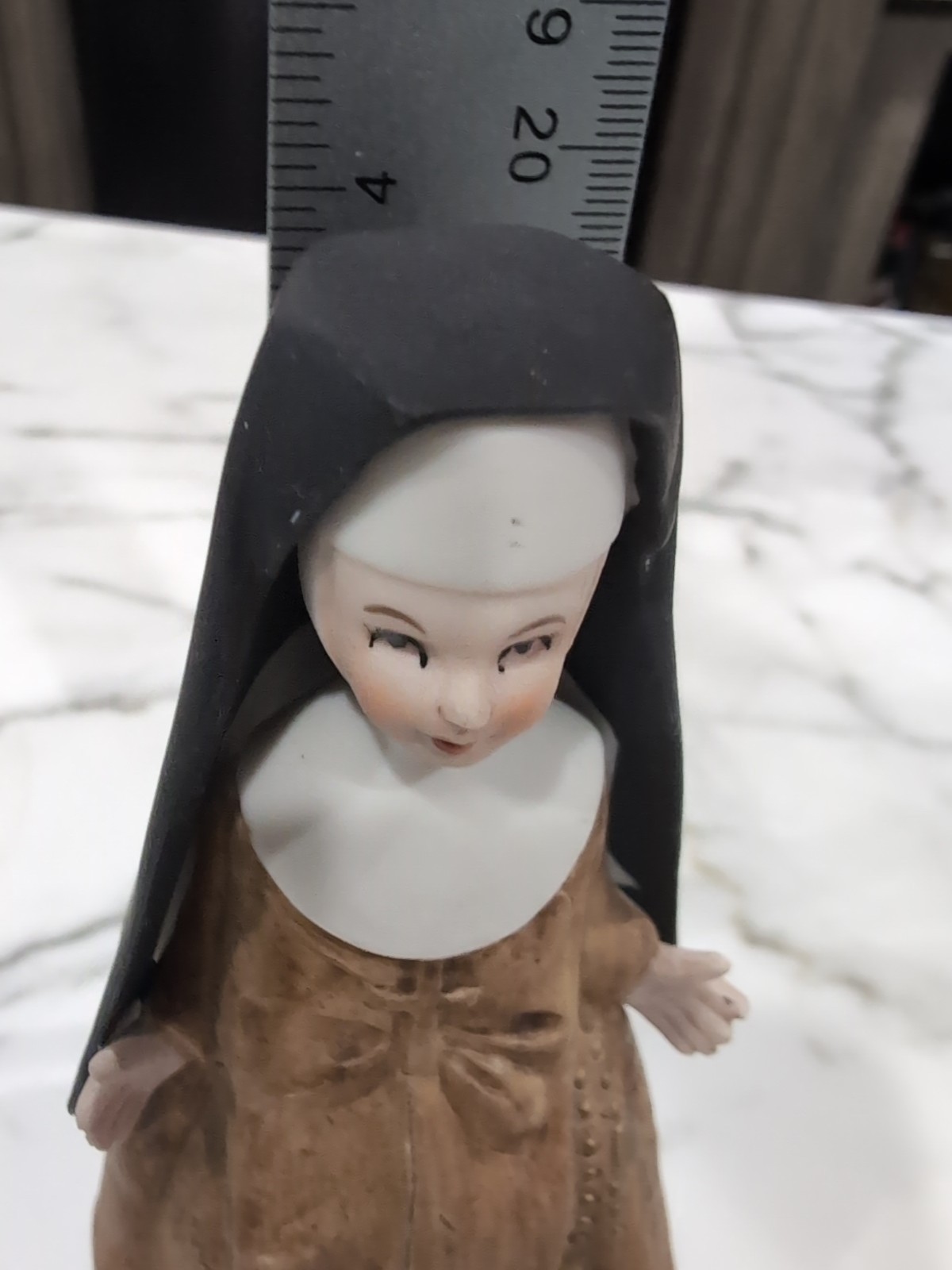 Vintage Figurine Lefton NUN Matte Brown Gold Cross Japan