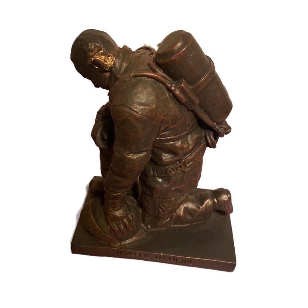 Vintage Kneeling Firefighter Bronze Figurine – Joyful In Hope Tribute Statue