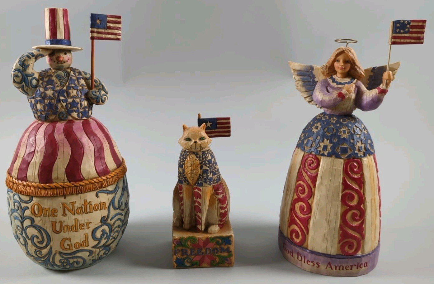 Jim Shore 4th July Patriotic 3pc Lot Snowman, Angel & Cat with Flag