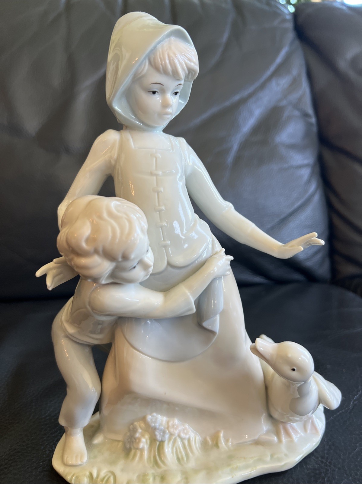 Vintage Crafted Woman Boy And Goose Large Figurine 9 1/2 In