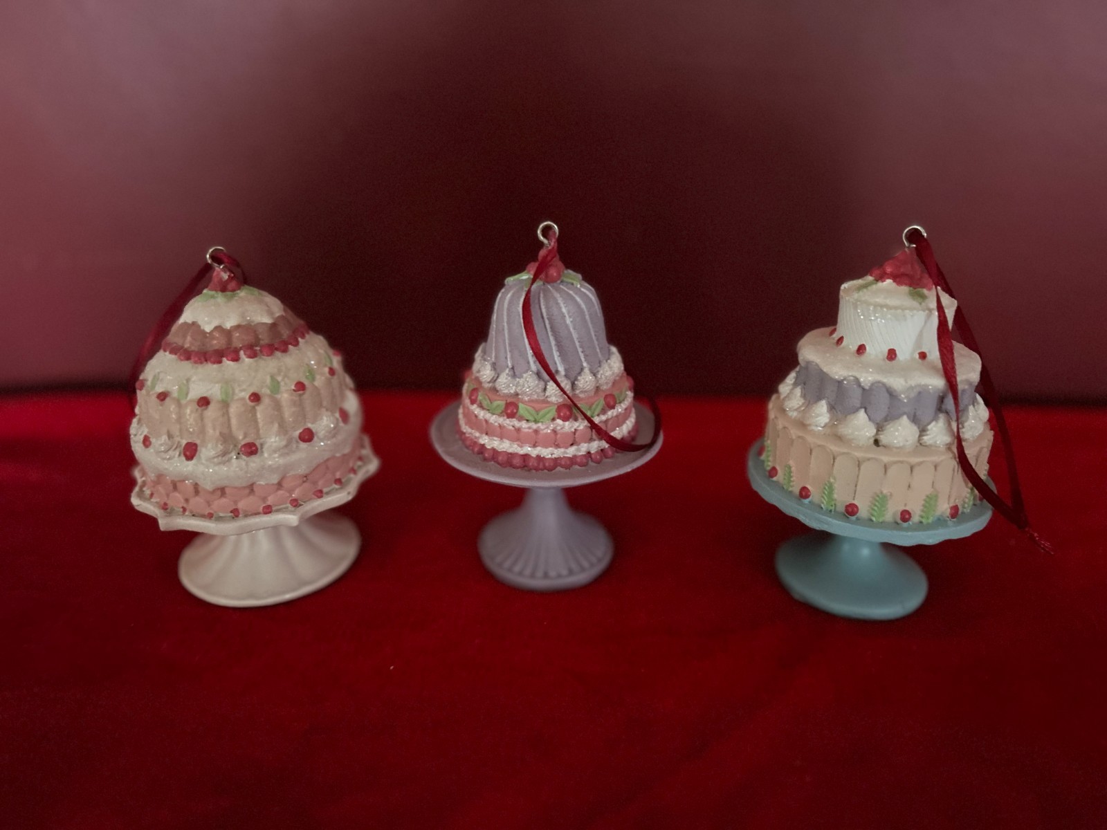 Cupcakes & Cashmere Set of 3 Pastel Sugar Candy Frosted Cake Pedestal Ornaments