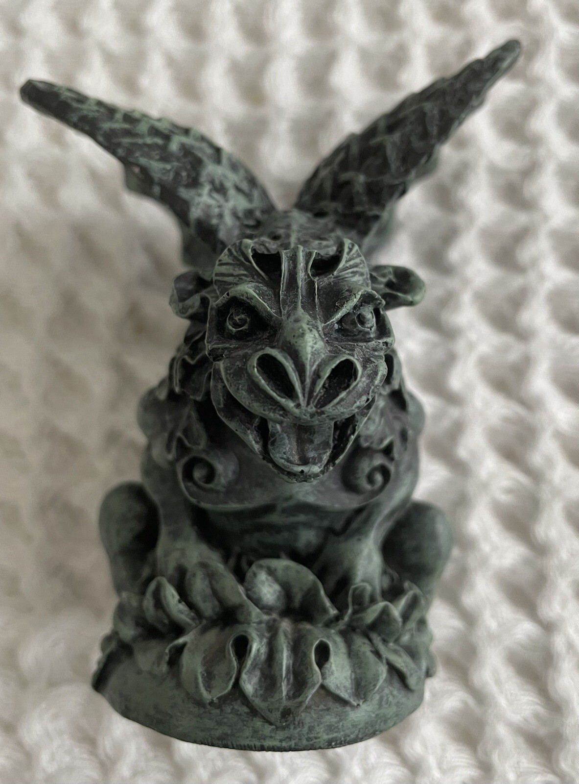 Gothic Medieval Winged Roaring Green Gargoyle Hand Painted Sculpture Statue, 4”H