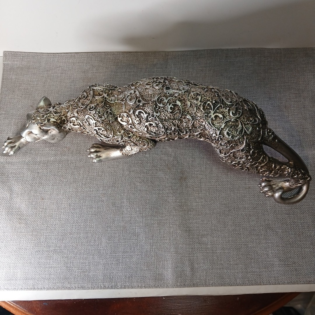 Filigree Design Jaguar Sculpture Figurine 16” Silver Tone