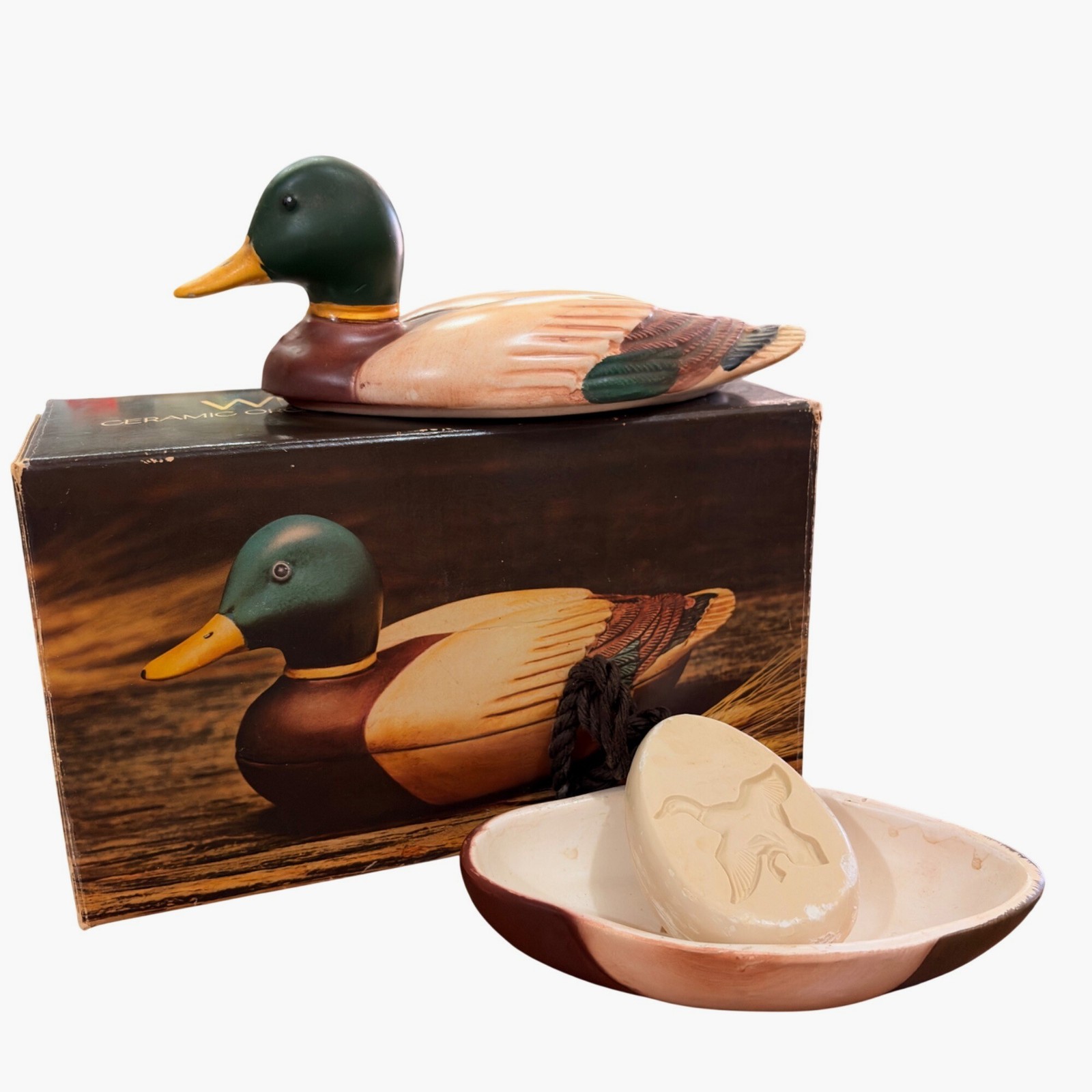 VTG Ceramic Mallard Duck Trinket Dish 1978 Soap on a Rope Holder Brazil Pan