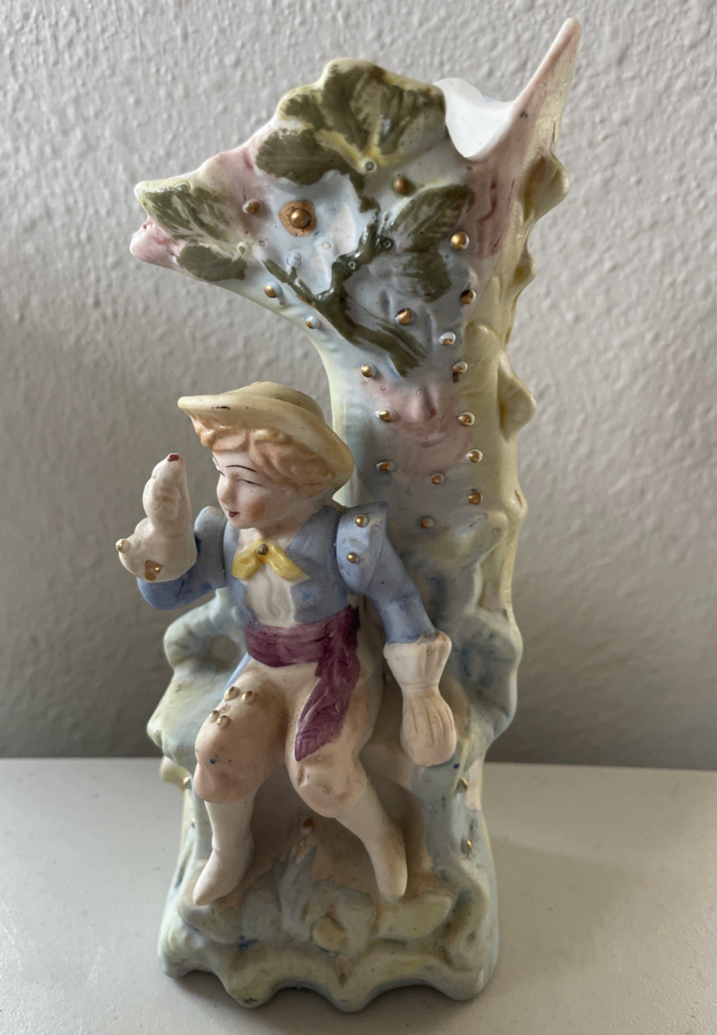 PAULUX Vintage Bisque Porcelain Spill Vase Boy By Tree Trunk Occupied Japan 6.5″