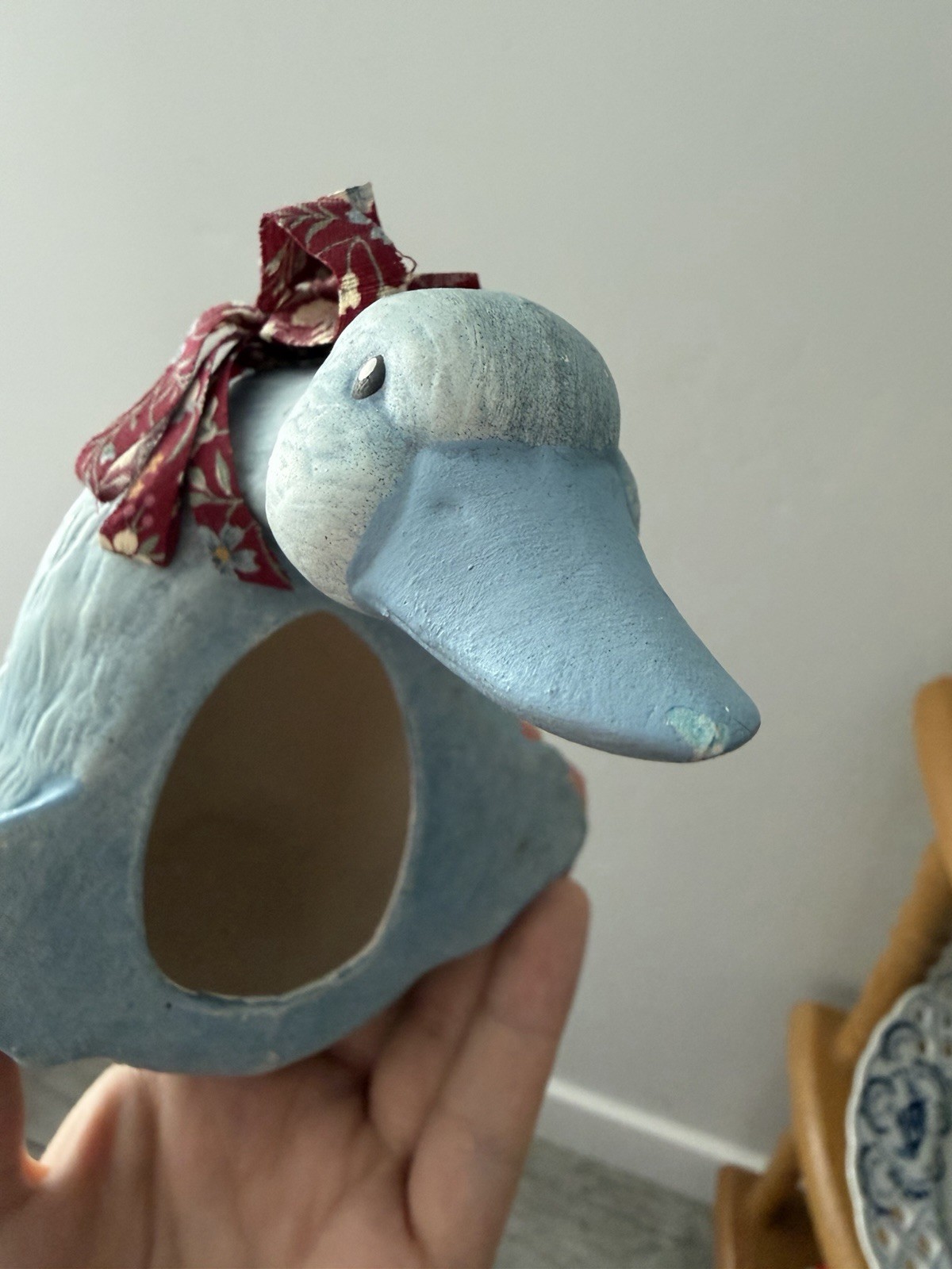 Vintage Ceramic Goose Shelf Sitter Blue Hand Painted Country Cottagecore 1980s