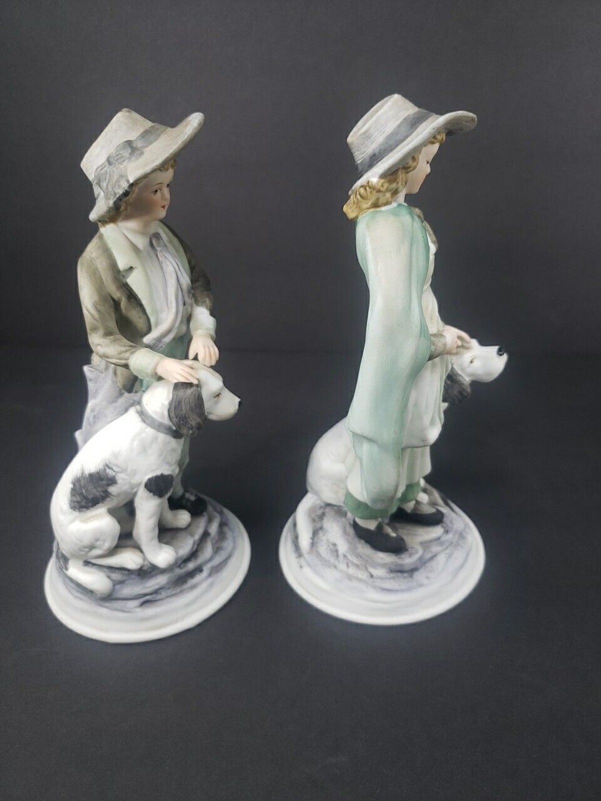 Andrea by Sadek Boy & Girl Dog Bisque Porcelain Figurines Ethan Allen 3213A VTG