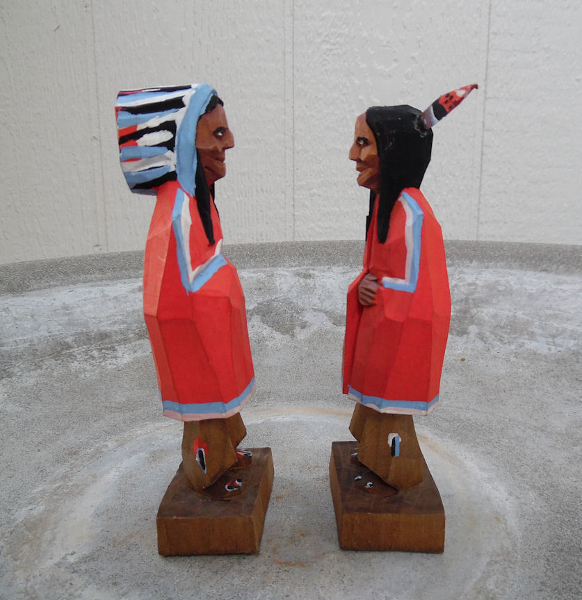 VINTAGE CARVED WOOD FIGURE COUPLE BY HANNAH 1940s-1950s QUEBEC CANADA LOT OF TWO