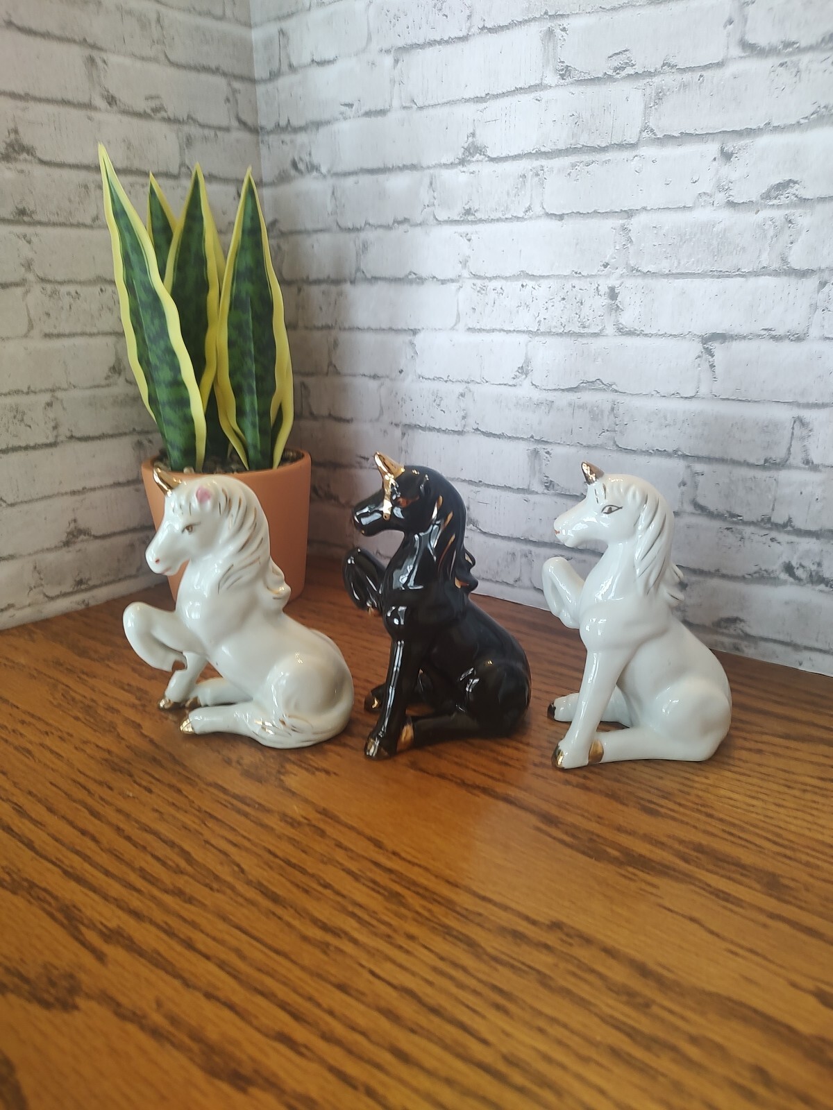 3 Vtg White & Gold/ Black & Gold Unicorn Ceramic Porcelain Figurine 5.5″