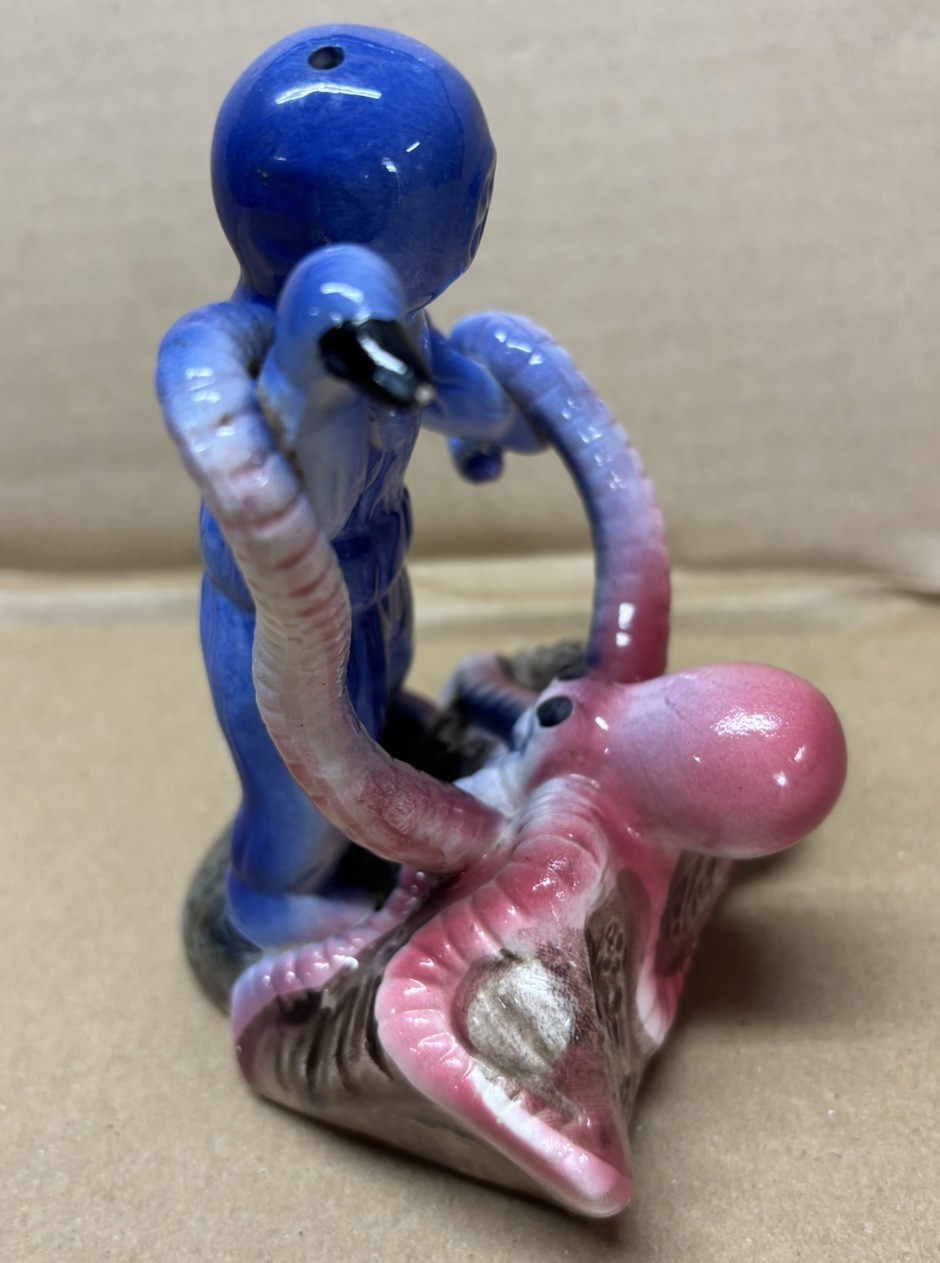 Vintage Ceramic Octopus Deep Sea Diver Tank Figurine Cobalt Blue 50s Nautical