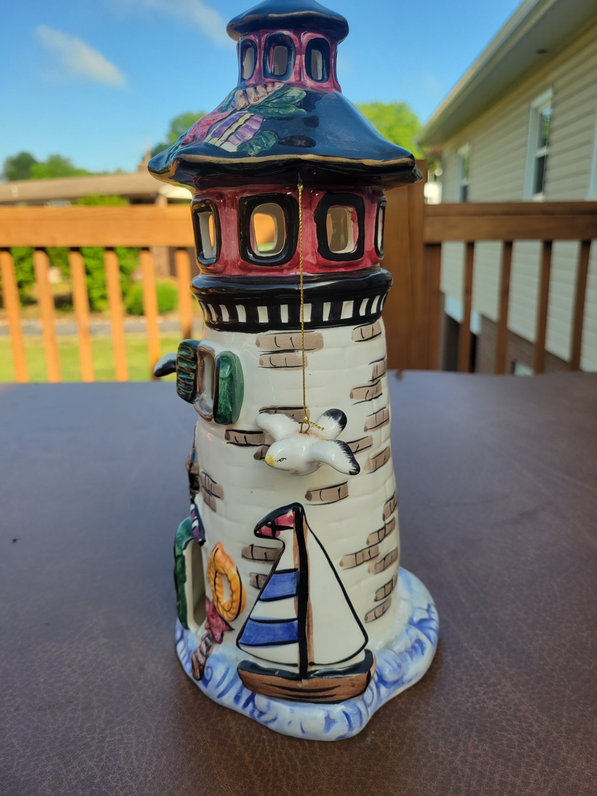 Lighthouse Candle Holder Tealight Pottery Beach Ocean Nautical Figurine 11″ High
