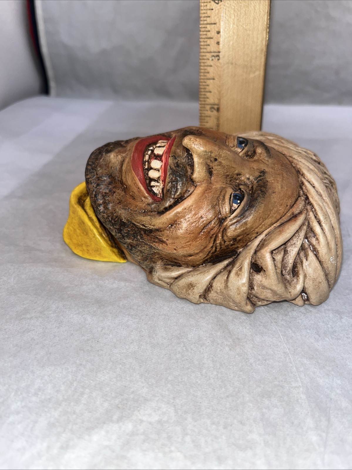 Handpainted Chalkware Head Wall Ornament Smiling Man Turban Blue Eyes