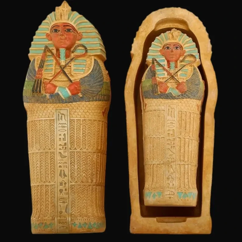 King Tutankhamun Sarcophagus Replica: Hand-Painted Stone Figurine (8.5x7x20cm)