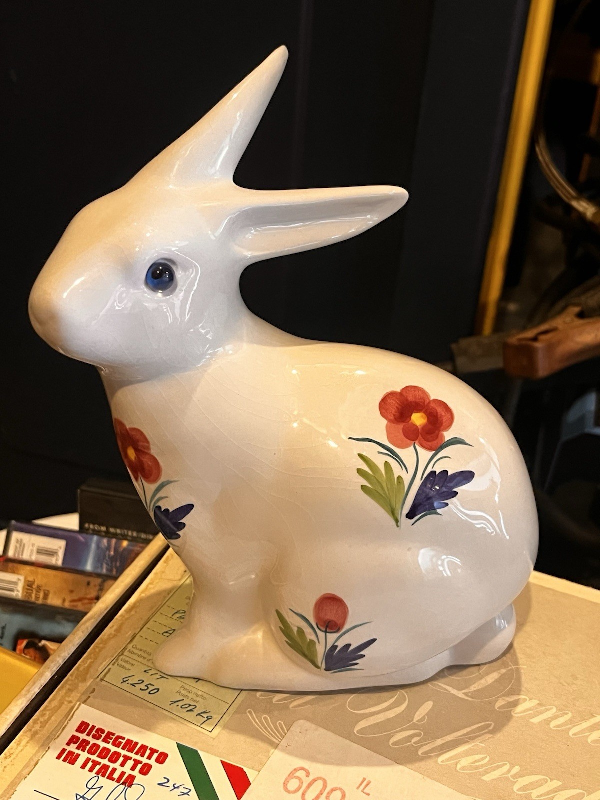 Vintage White Ceramic Bunny Made In Portugal ELPA Alcobaca Hand Painted Floral