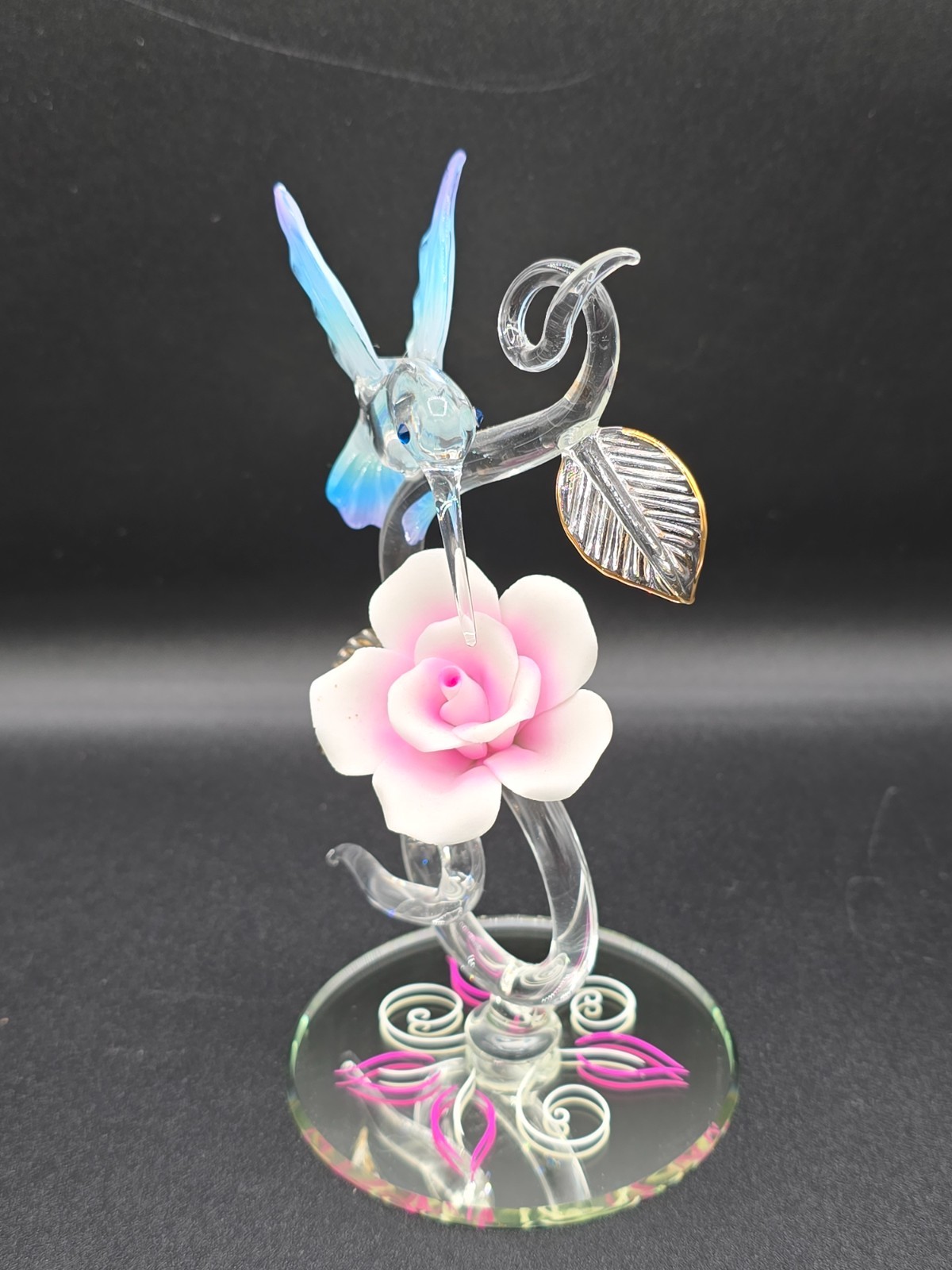 Hummingbird with Rose Vine Glass Figurine Crystal Bird Collectible Decor