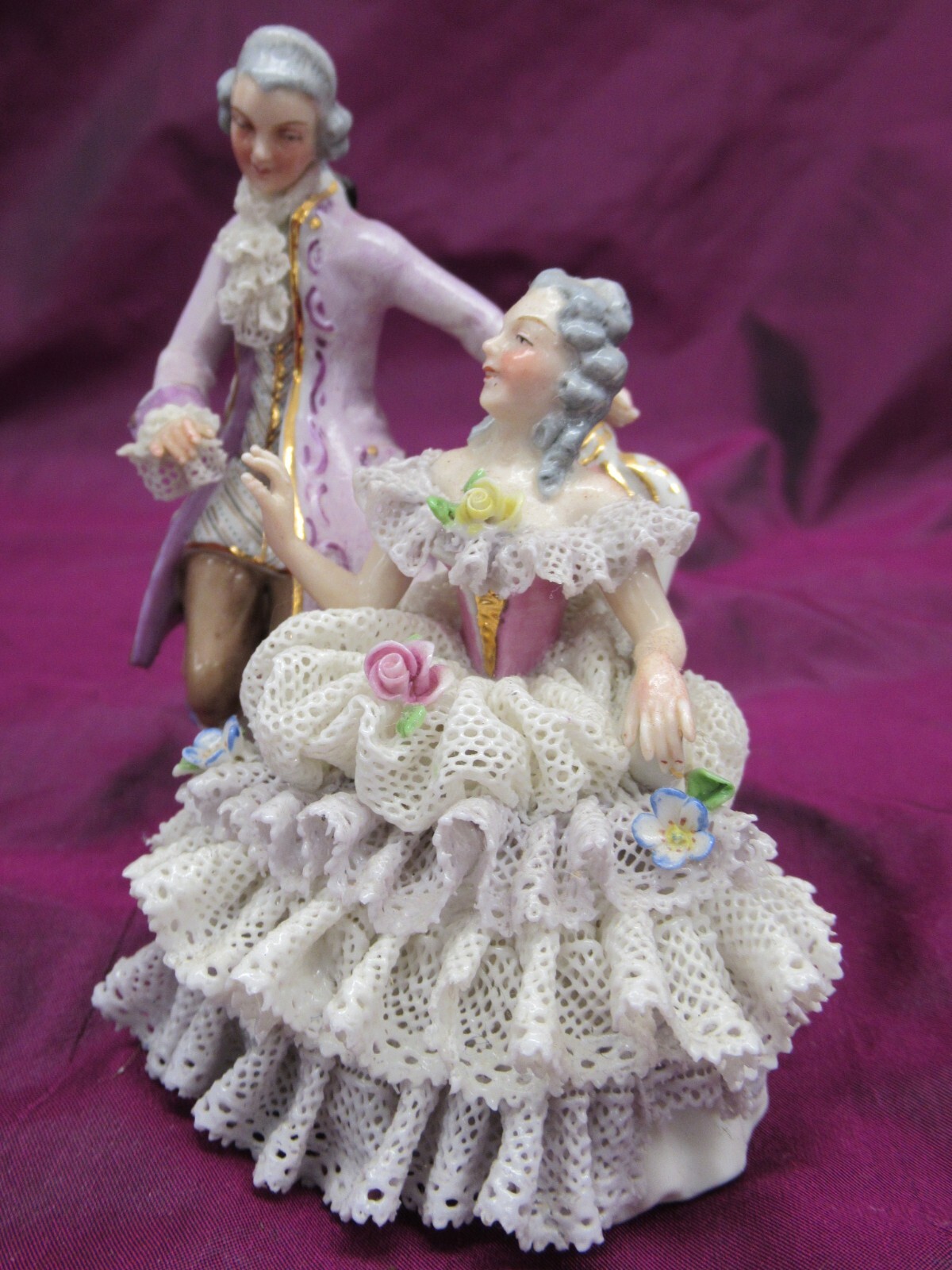 Antique German Muller Volkstedt Germany Man & sitting woman figure – lace dress