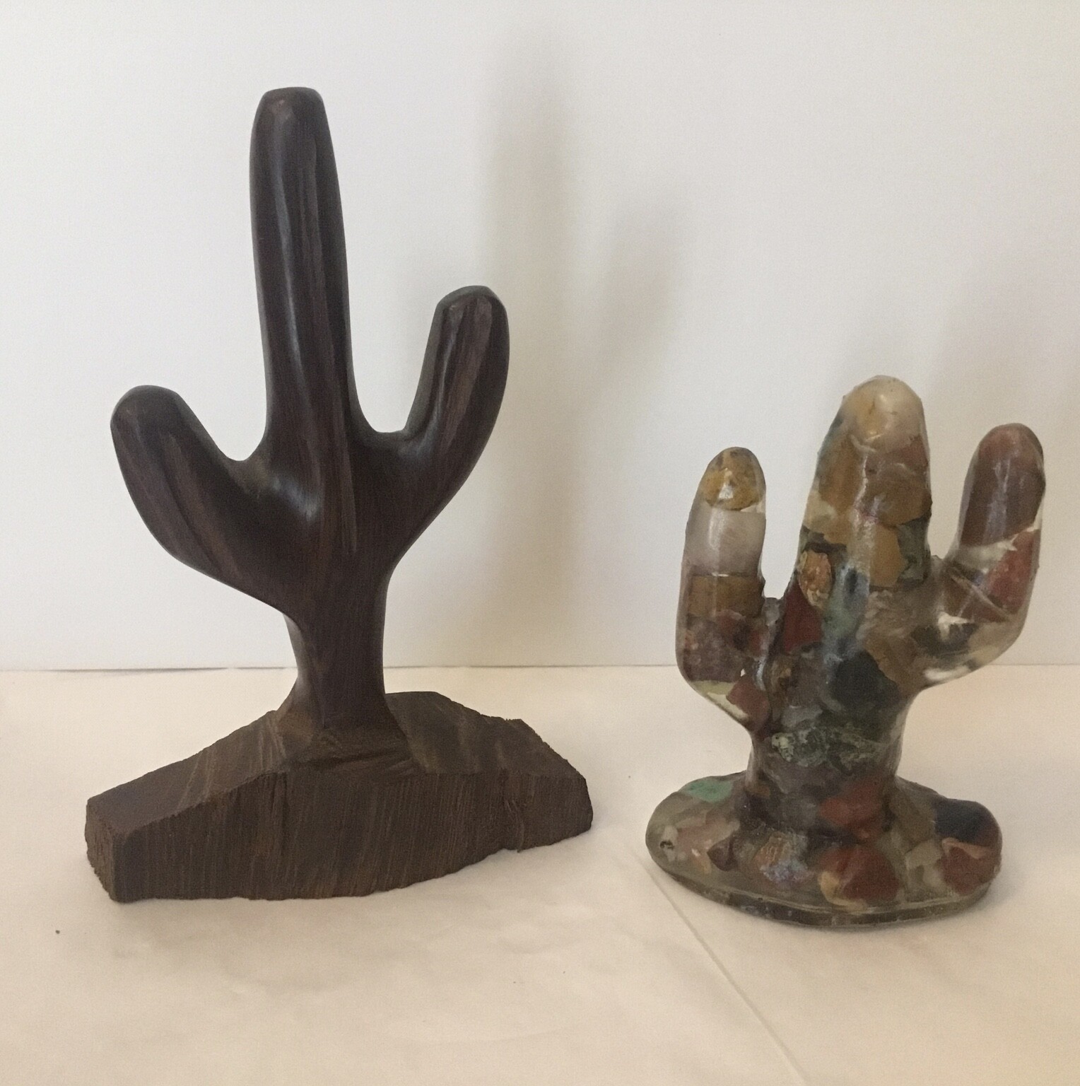 Saguaro Cactus Figurines Wood Carved 5” & Stone Filled Resin 3.5” Vintage
