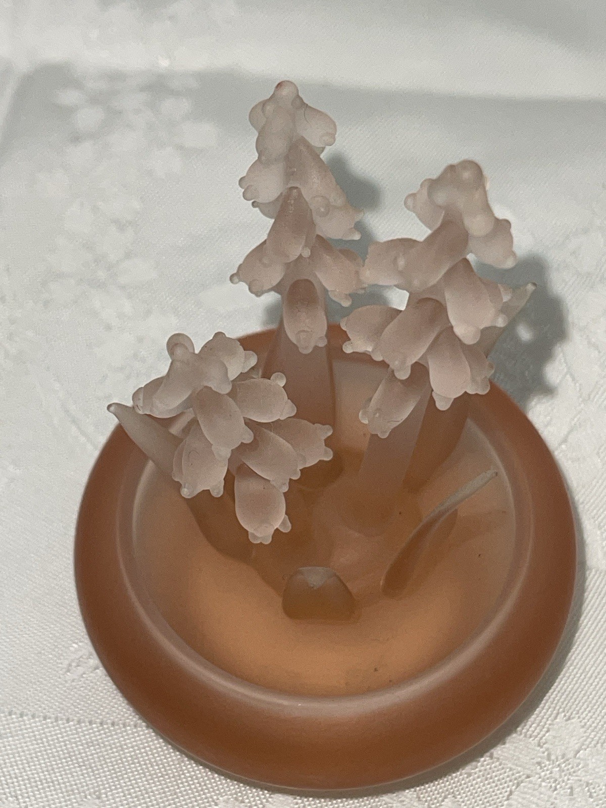 Vintage BALOS Frosted Mouthblown Glass Lily Of The Valley Flower Figurine Pink
