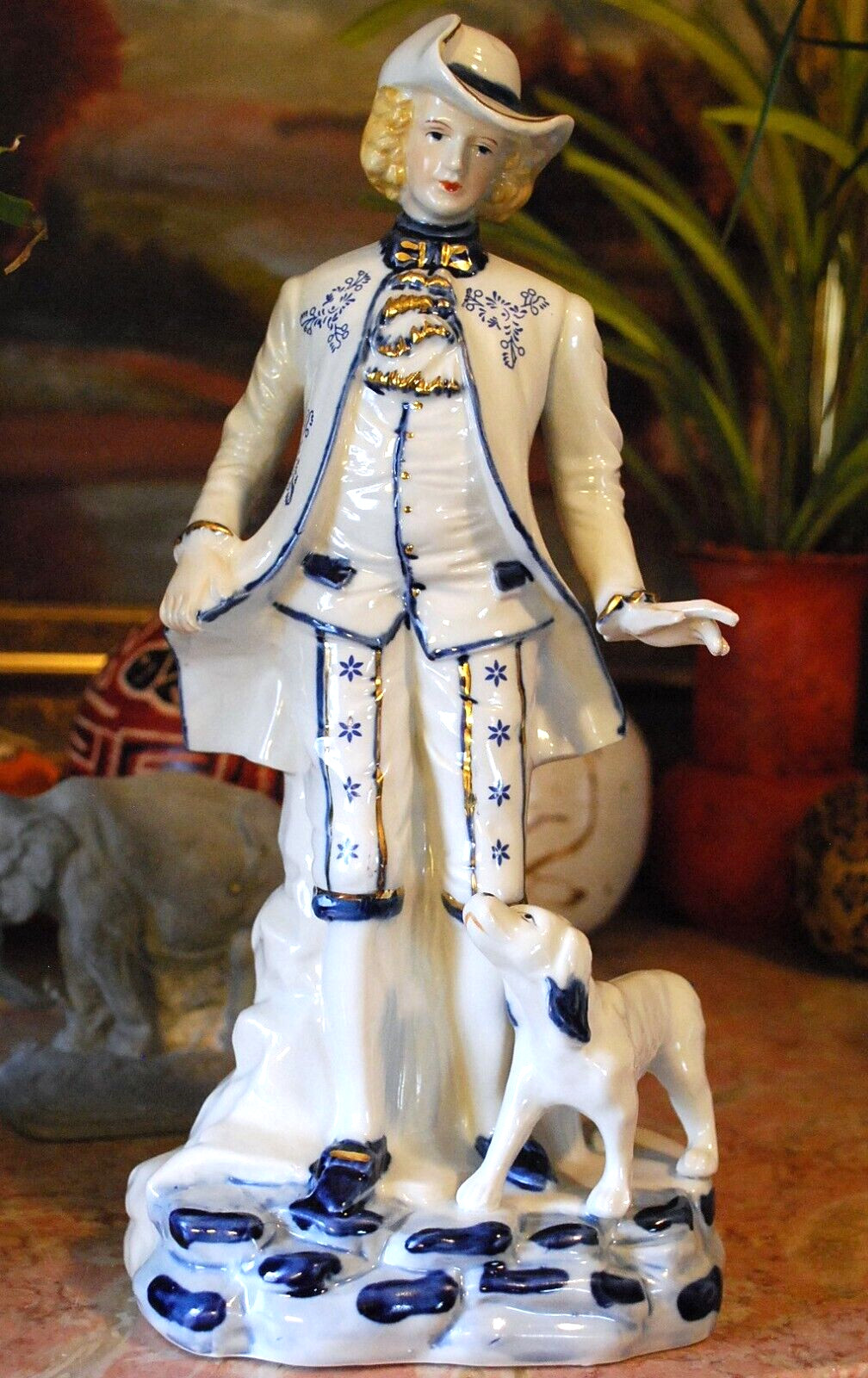 Vtg Porcelain Figurine MAN W DOG Blue & White Baroque Style HANDPAINTED 12.5″ Lg