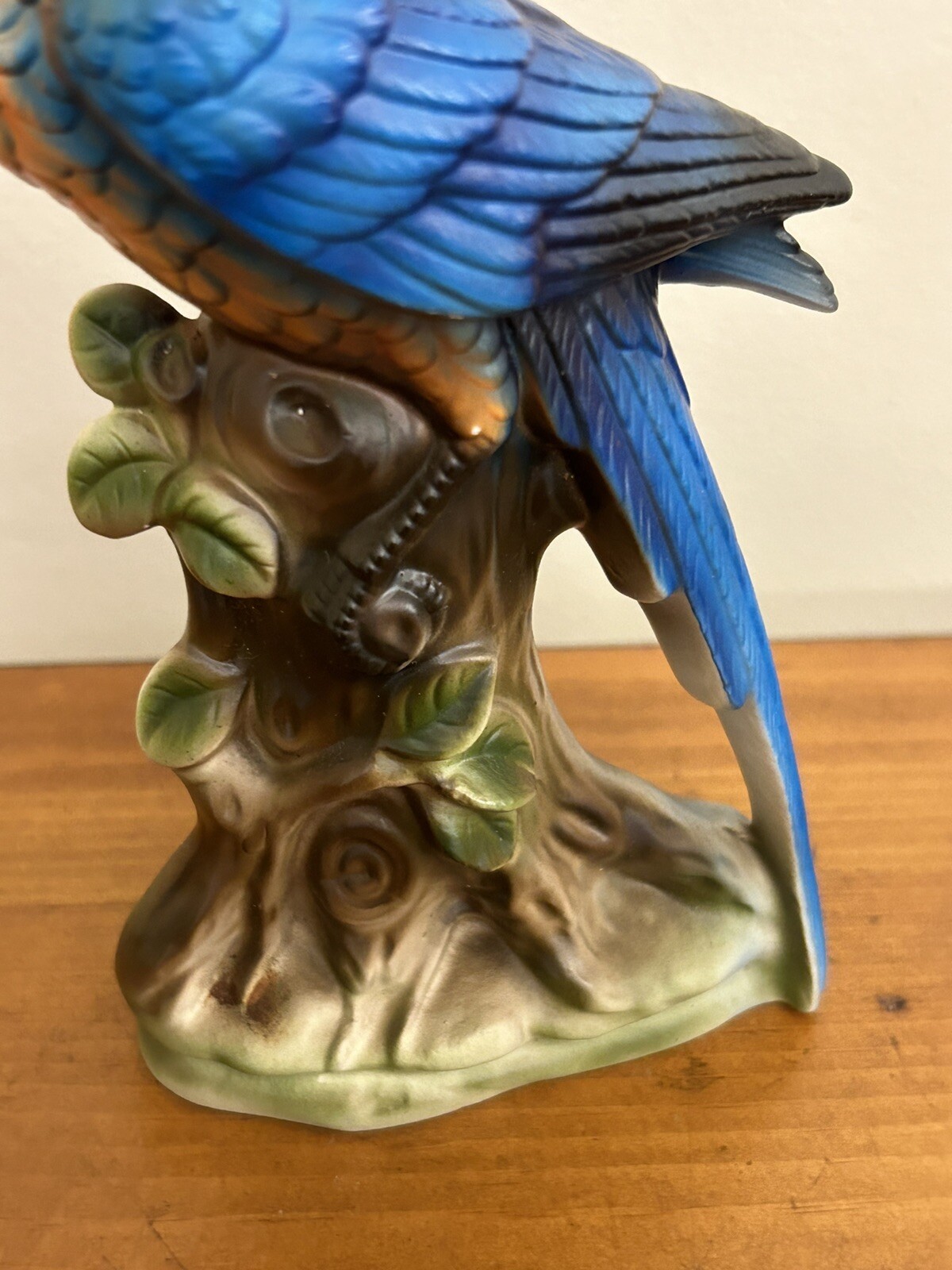 Stunning Vintage 8” Parrot Ceramic Green Blue Orange Bird Branch Figurine Japan