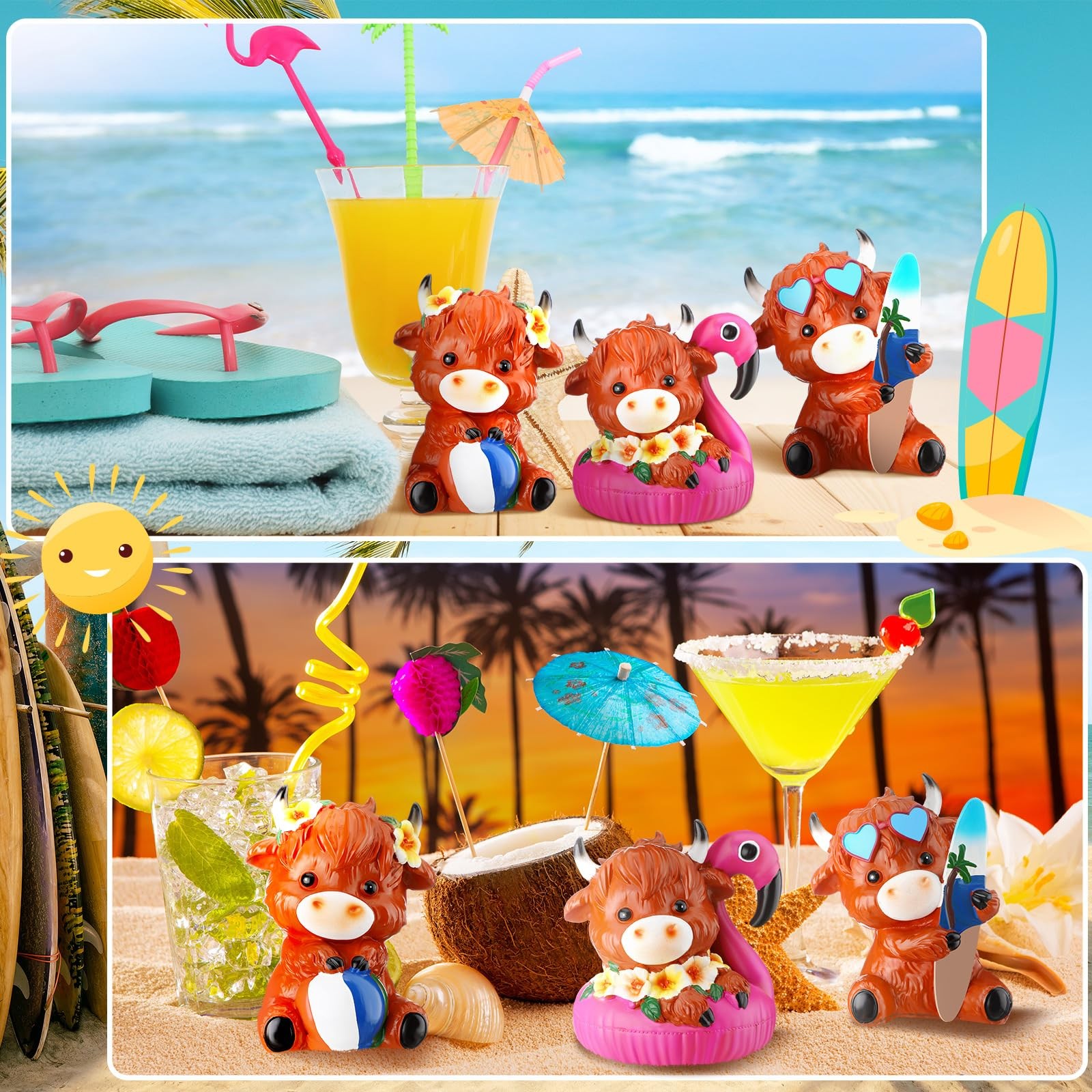 3 Pcs Highland Cow Figurines Summer Beach Seaside Coastal Highland Cow Gnomes…