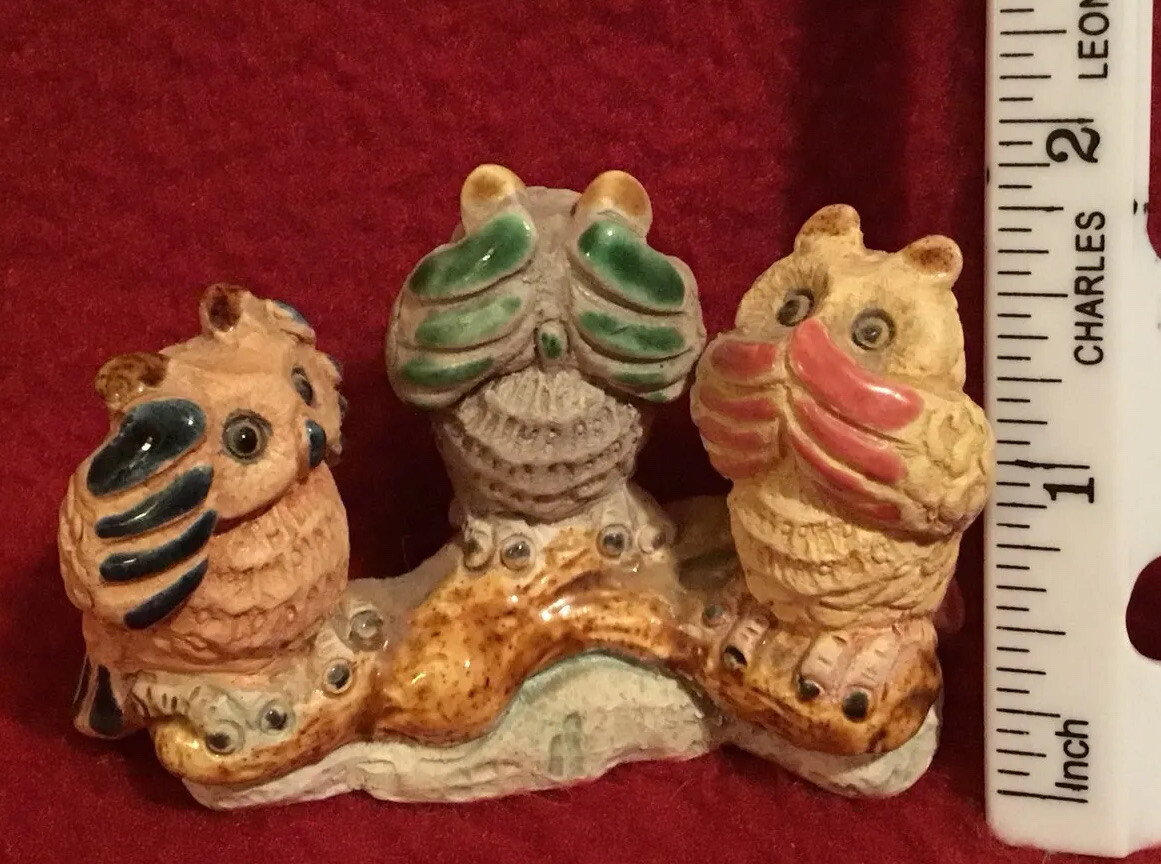 Owls “See No Evil” miniature earthenware figure w/glazed details approx. 2.5″