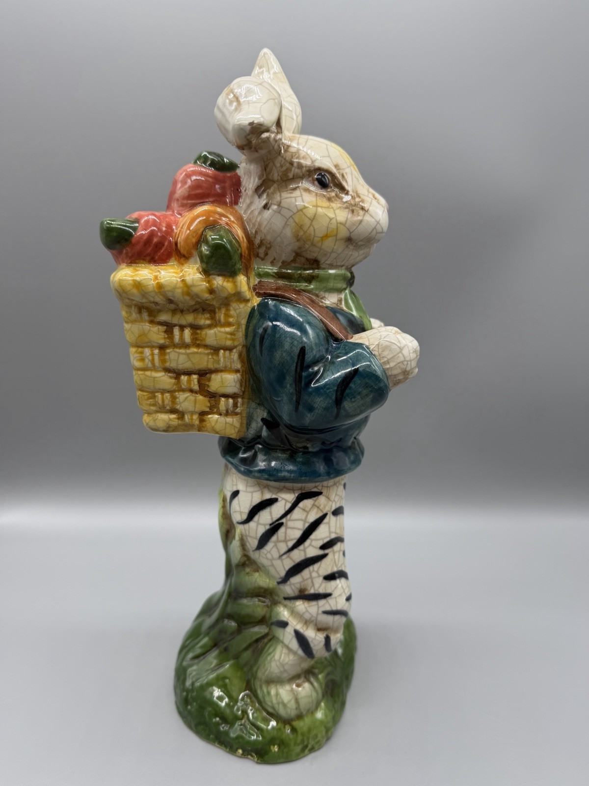 Vintage Ceramic Standing Crackle Rabbit Bunny Traveler w/ Basket Figurine Statue