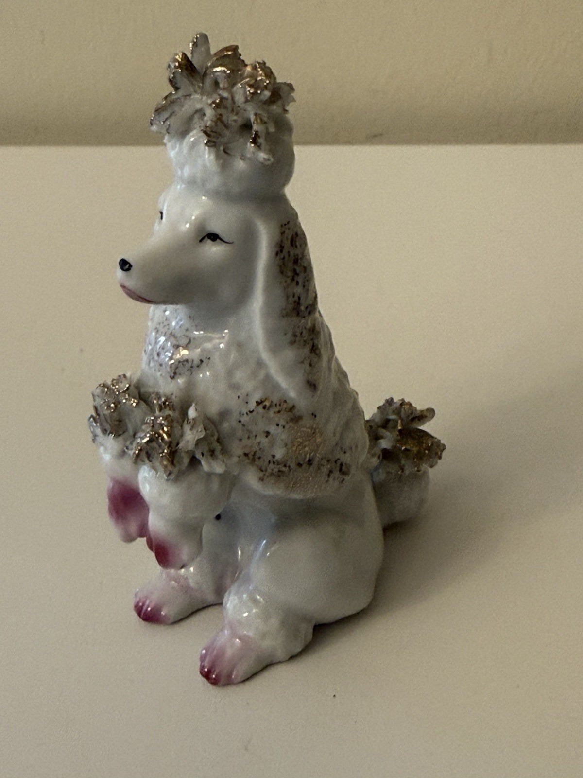 VTG Porcelain Poodle Spaghetti Trim With Pink Flowers Gold Accents 4.25”Cute