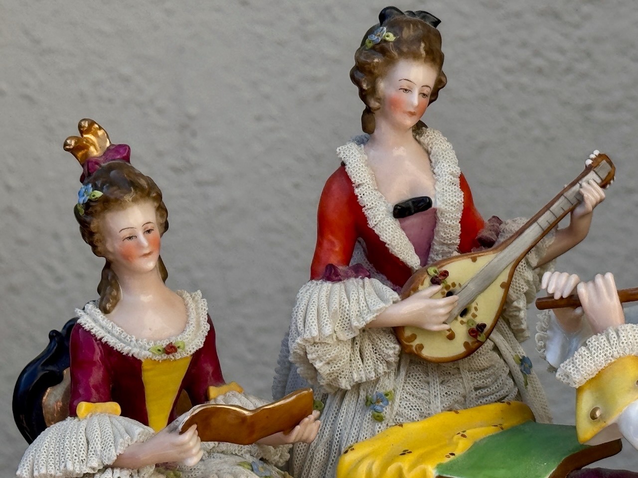Vintage Dresden Lace Figurine–Three Musicians–WONDERFUL!!