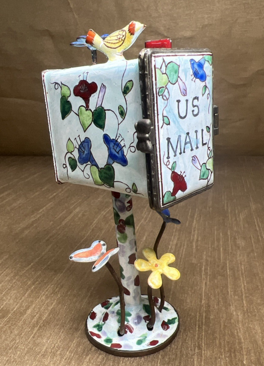 1999 Kelvin Chen Handpainted Copper Enamel U.S. Mail Birds & Flowers Trinket Box