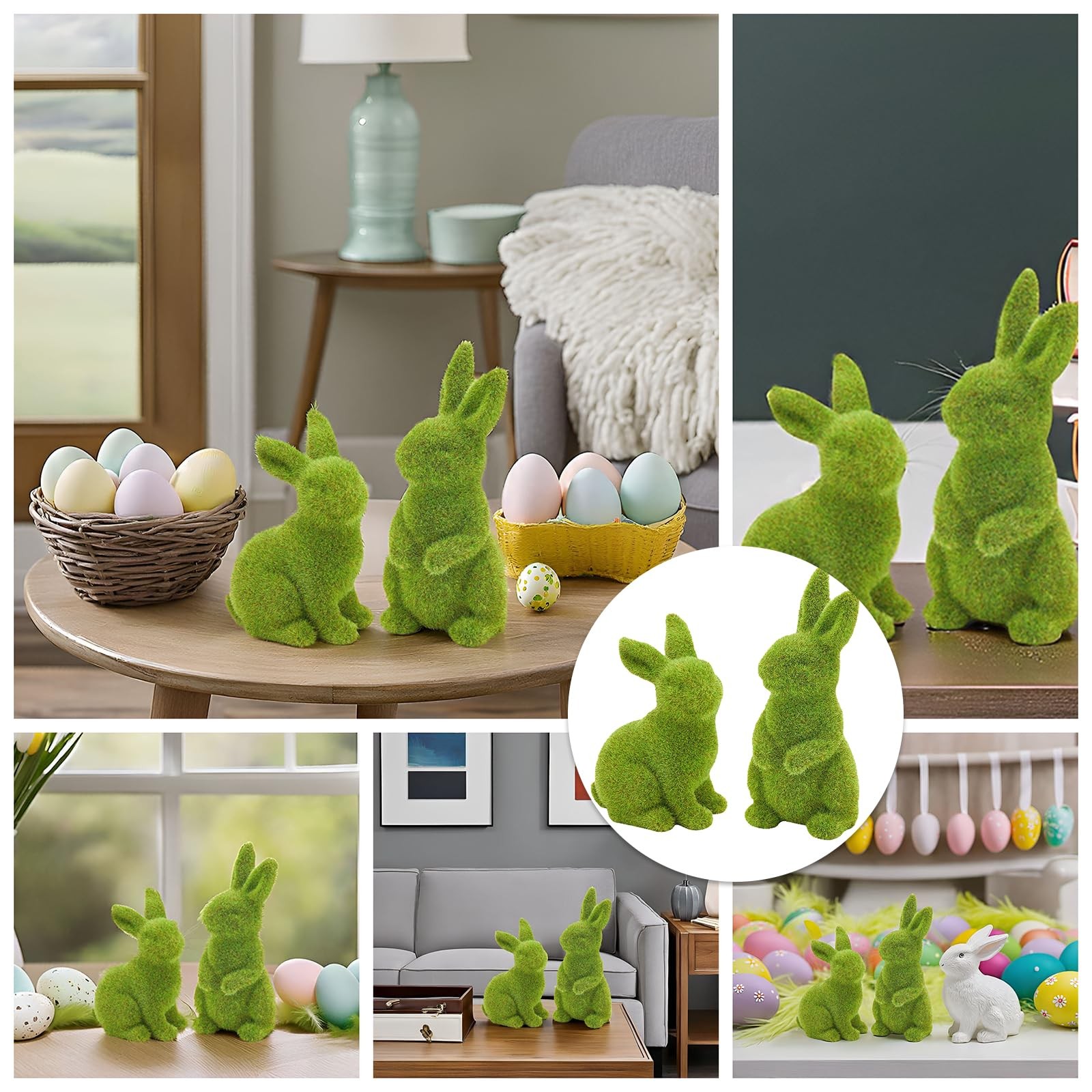 2 PCS Small Flocked Bunny Moss Resin Rabbit Figurines Easter Decor