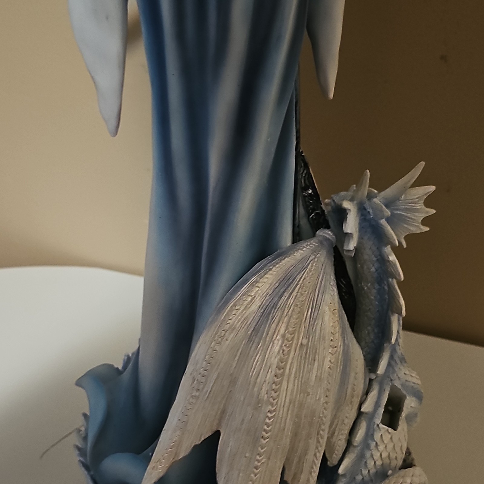 Fantasy Fairy Woman Figurine with Blue Dragon Blue Dress Painted Resin Statue