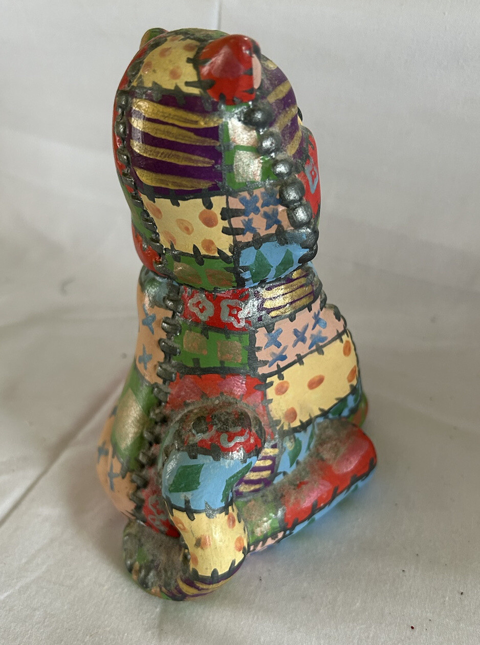 Vintage Folk Art Cat Colorful Patchwork Hand painted Ceramic Figurine 6.5 inch