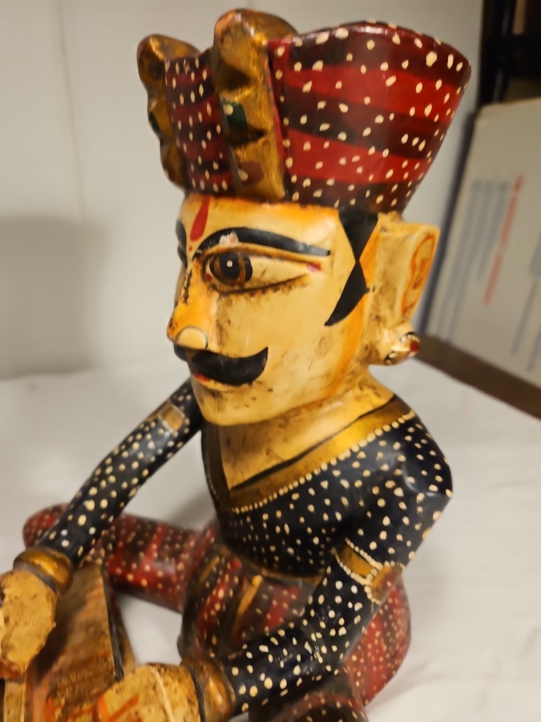 Pair of Vtg. Rajasthani Art Hand Carved Wooden Sitting Indian Musician Figurines