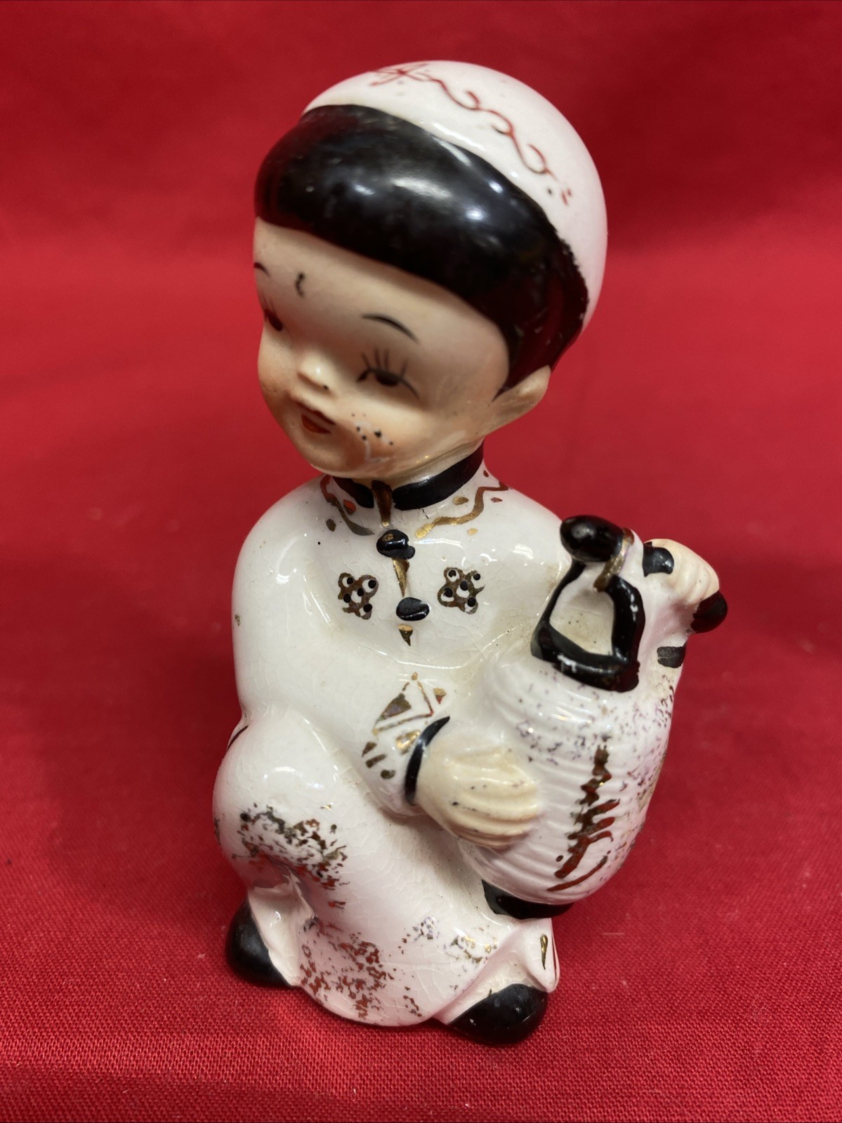 Set of 2 Asian Figurines Holding A Jug White W/ Black & Gold Trim 8 3.25″ High