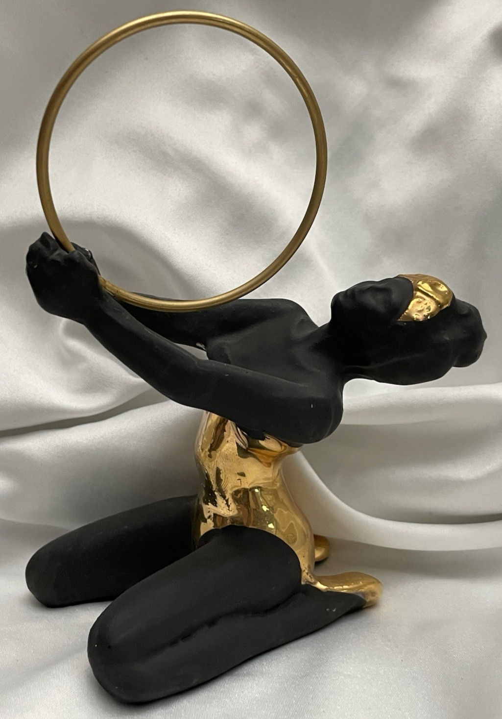 1970’s Ceramic Female Hula Hoop Dancer ~ Matte Black w/Gold-Toned Glossy Glaze