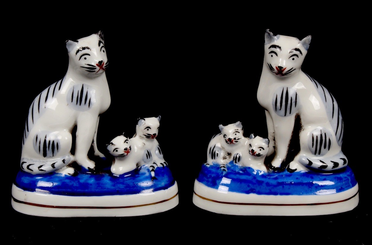 Samson Paris Porcelain Cat Family Stafford Chelsea Style Gold Anchor Mark 2.9″