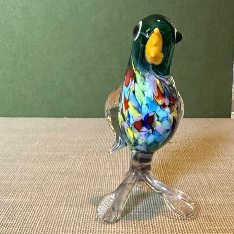 Art Glass Mini Bird Figurine • Multicolor • Clear Base • 3” • Vintage Glass