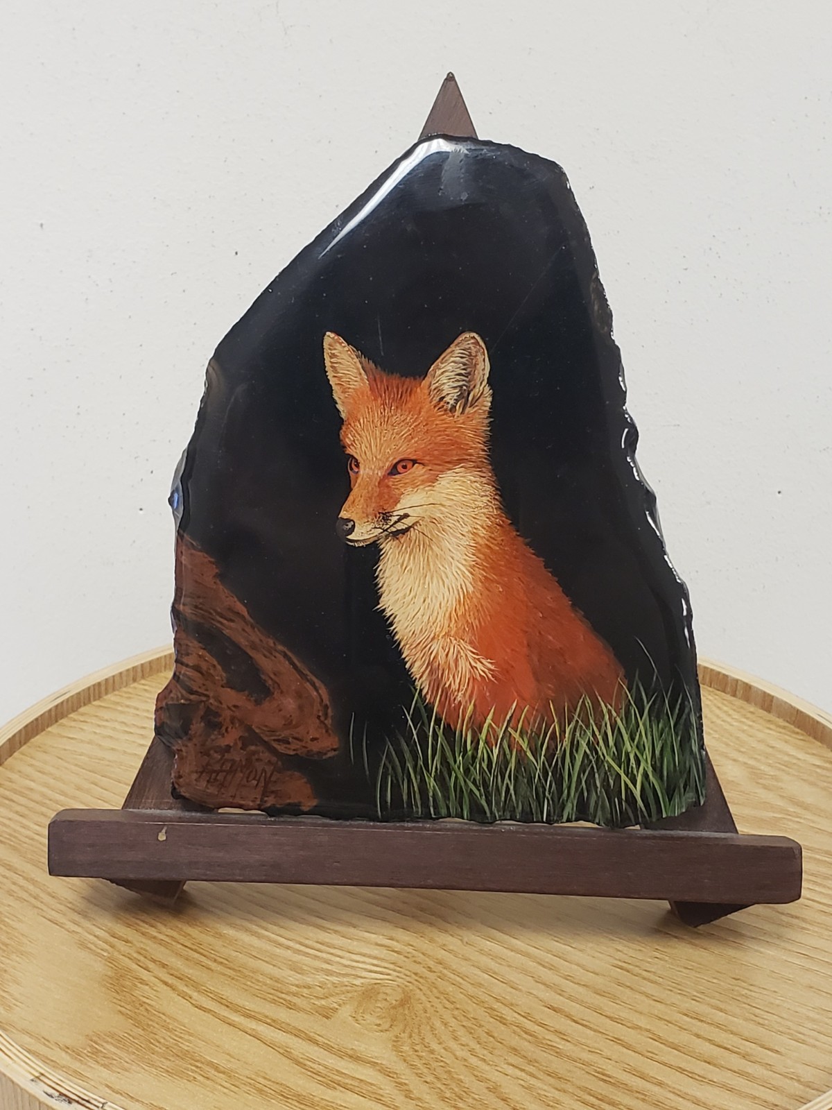 Vintage Hand-Painted Fox Art on Acrylic with Wooden Stand